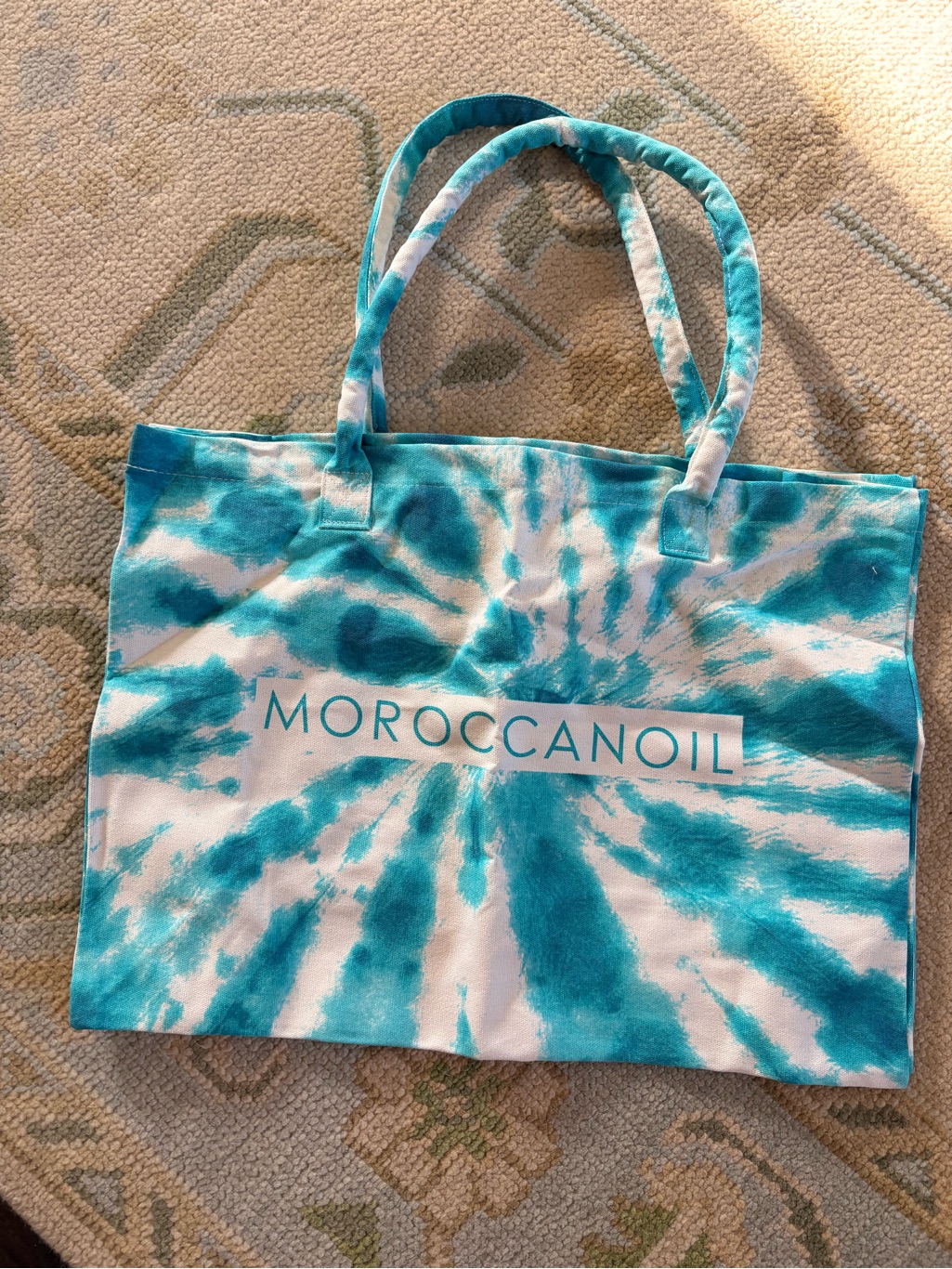Nwot Moroccanoil Teal And White Tie-Dye Canvas Tote Bag